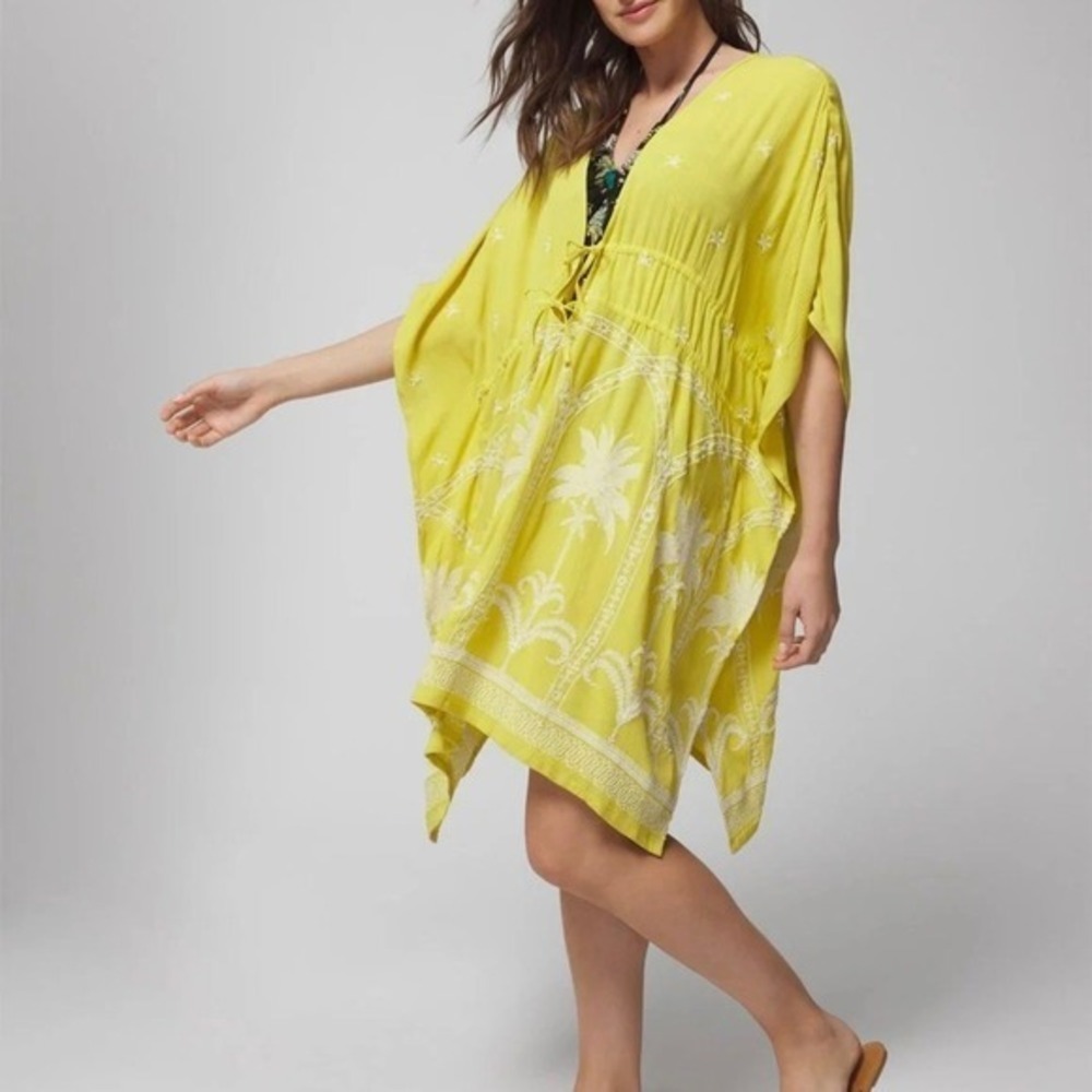 Soma Swim Embroidered Cover Up Green Yellow Tie Front Tunic Small Medium NWT - Picture 2 of 9